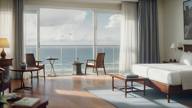 A modern hotel room in a hotel with sleek gray loft-style walls and large windows overlooking the sea