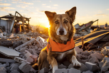 Rescue dog searcher on the ruins of a building after an earthquake at sunset - obrazy, fototapety, plakaty