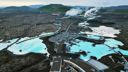Aerial view of Blue Lagoon Spa, Iceland. Flying over Geothermal hot spring.