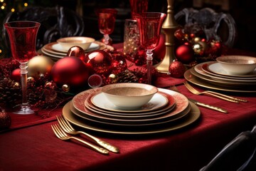 Fototapeta na wymiar A Festive Christmas Dinner Table with Elegant Red and Gold Decorations