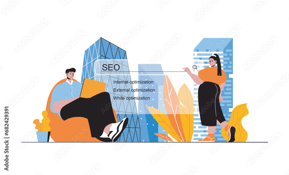 Aufkleber seo optimization web concept with people in flat cartoon design. man and woman analyzing reports and