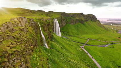 Aerial view of Famous Waterfall Seljalandsfoss In Iceland. - 682429374