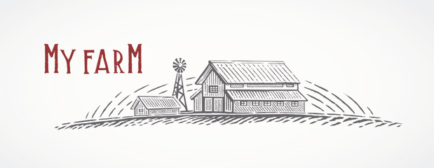 Farm building, rural landscape, drawing in engraving style. Vector illustration.