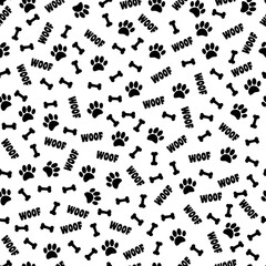 Dog Paw Prints Bones And Woof Seamless Pattern