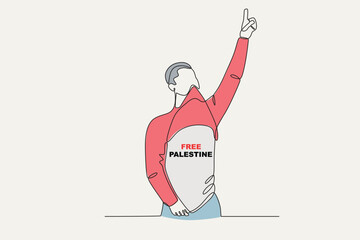 Color illustration of a man saving Palestine. Palestine solidarity one-line drawing