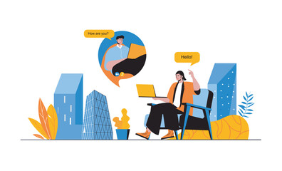 Video conference web concept with people in flat cartoon design. Woman and man talking in video calling, connecting distantly online. Vector illustration for social media banner, marketing material. - Powered by Adobe