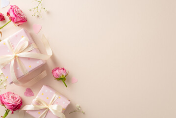 Romantic surprise theme: Overhead shot of adorned gift boxes, pink roses, gypsophila, and heart-shaped confetti. Pastel beige backdrop with empty space for text or promotion