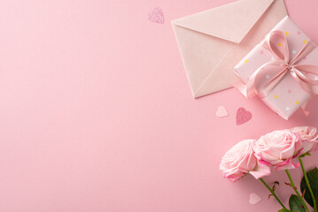 Hearts and Roses: Overhead photo showcasing wrapped gift, pink roses, date invitation envelope, and heart-shaped confetti. Pastel pink background provides text or ad placement
