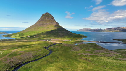 Aerial view of green mountain peak Kirkjufell is popular attractions at Iceland - 682430709