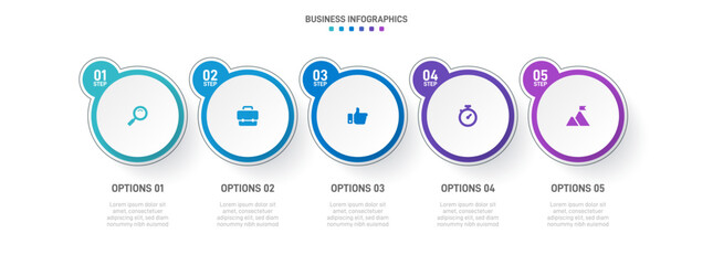 Timeline infographic with infochart. Modern presentation template with 5 spets for business process. Website template on white background for concept modern design. Horizontal layout.