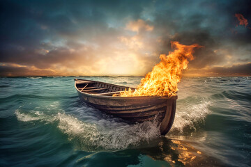 a small rowing boat on fire - obrazy, fototapety, plakaty