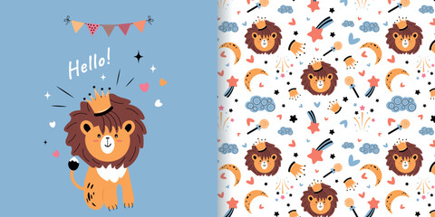 Children's greeting card with a cute lion cub for a baby shower. Seamless background, vector texture for baby bedding, fabric, wallpaper, wrapping paper, textiles and more. - obrazy, fototapety, plakaty