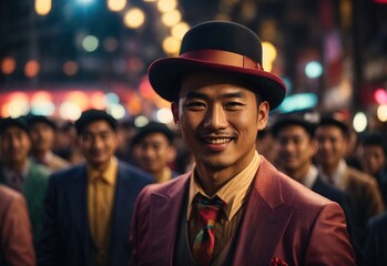 Handsome men suit and bowler hat, surrounded by crowd people on the background