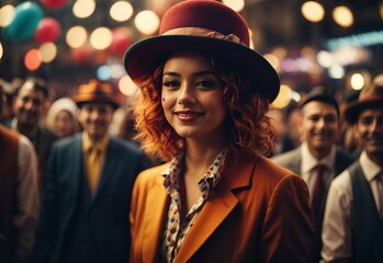 Beautiful women suit and bowler hat, surrounded by crowd people on the background - obrazy, fototapety, plakaty
