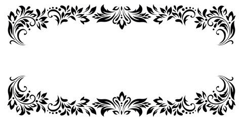 Vintage frame, border of stylized leaves, flowers and curls in black lines on white background. Horizontal top and bottom edging, decoration. Vector backdrop, wallpaper