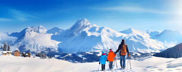 Ski tourist man with backpack with children wearing in colorful sport clothes standing in snowy mountain landscape, rear view - obrazy, fototapety, plakaty