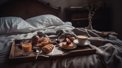 Tray with breakfast food on the bed inside a bedroom in morning light. Coffee, tea, fresh juice and croissants with berries and fruits. - obrazy, fototapety, plakaty