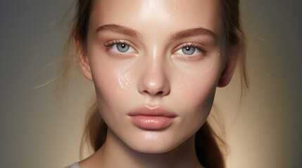 A high-definition image of a dewy, fresh-faced makeup look with a touch of highlighter on the cheekbones.