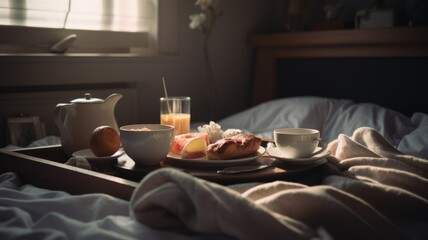 Fototapeta na wymiar Tray with breakfast food on the bed inside a bedroom in morning light. Coffee, tea, fresh juice and croissants with berries and fruits.