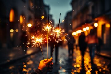 women celebrating happy new year eve with sparkler and bengal light in hand 