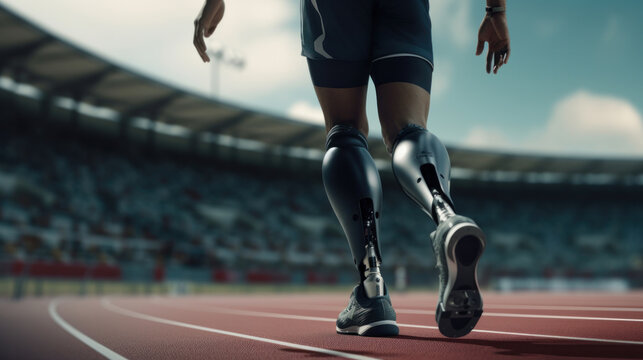 Paralympic athlete with prosthetic legs ready at the starting line on an athletic track