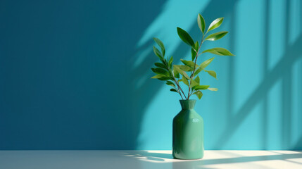 A serene green plant in a pastel vase against a vibrant blue backdrop with soft shadows