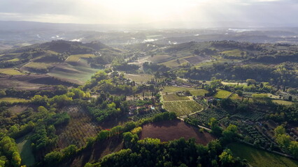 Aerial view of rural landscape Tuscany, travel video over the farms