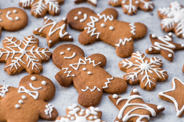 Fototapeta na wymiar Homemade gingerbread Christmas cookies in icing sugar. Delicious gingerbread cookies on the background of a bokeh of Christmas tree lights. Freshly baked Christmas gingerbread cookies.