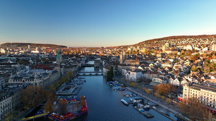 Fototapeta na wymiar Aerial view of old town Zurich, Limmat river and lake Zurich on a fall day in Switzerland largest city.