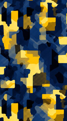 A camouflage pattern with squares in shades of navy and yellow