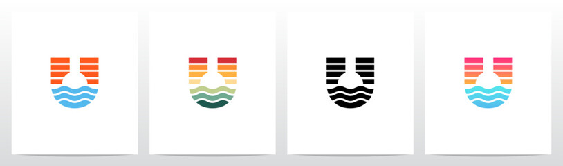 Sunset Sunrise On Sea Water Letter Logo Design U