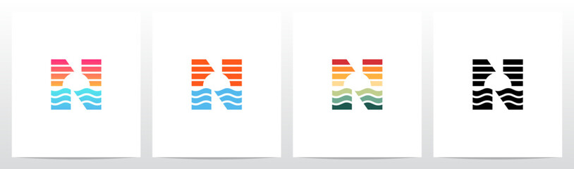 Sunset Sunrise On Sea Water Letter Logo Design N