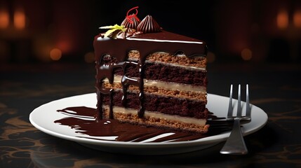 Decadent layers of moist chocolate cake adorned with glossy ganache