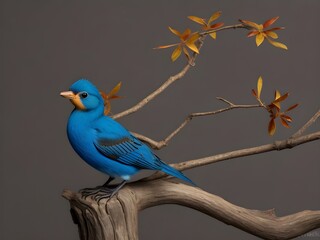 Blue bird sitting on a branch with leaves, isolated on gray background