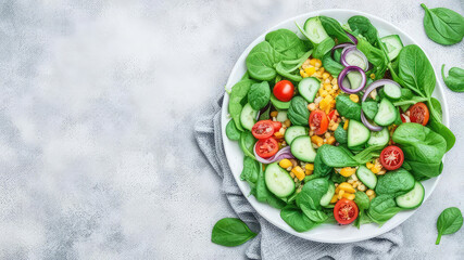 Spring salad with spinach, cherry tomatoes, corn, cucumber and red onion.Healthy food,vegan or diet concept. Gray stone table. Top view. Generative AI