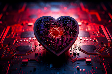 heart-shaped electronic circuit on a motherboard, with red lights and intricate patterns, representing a blend of technology and emotion - obrazy, fototapety, plakaty