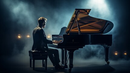 Create an image of a musician passionately playing a grand piano in a dimly lit concert hall.