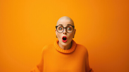 Beautiful redhead young woman wearing turtleneck sweater and glasses over yellow background making fish face with mouth, crazy and comical gesture. comical. - obrazy, fototapety, plakaty
