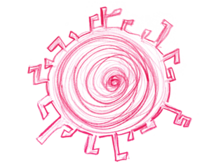 Icon red sun hand draw wooden crayons isolated on white, clipping