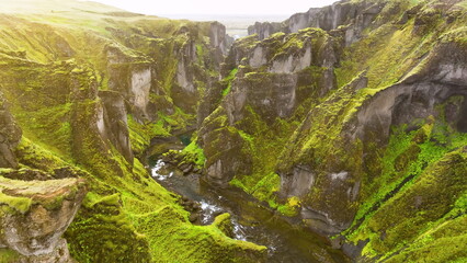4K aerial video of Fjarrgljfur Canyon In South East Iceland. - 682435179