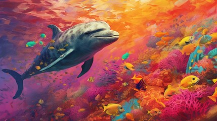 a painting of a dolphin swimming over a coral reef.Generative AI