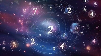 Numerology and esoteric astrology magic concept. Flying cosmic numbers in space galaxy. - obrazy, fototapety, plakaty