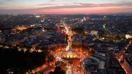 Aerial view of Puerta de Alcala, Parque de la independencia, Madrid, Spain - 682436386