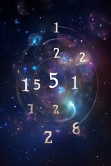 Numerology and esoteric astrology magic concept. Flying cosmic numbers in space galaxy.