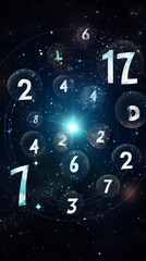 Numerology and esoteric astrology magic concept. Flying cosmic numbers in space galaxy.