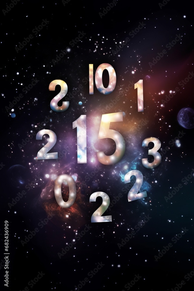 Wall mural numerology and esoteric astrology magic concept. flying cosmic numbers in space galaxy.