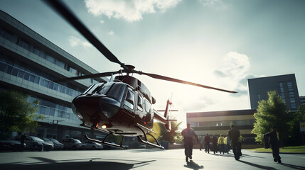 Red helicopter landing on helipad of the modern hospital or business centre building with cityscapes background