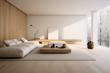 A pristine living room adorned with clean lines, neutral colors, and minimal furniture, embodying the essence of minimalist interior design.