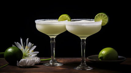 Boozy Refreshing Classic Margarita Cocktail with Salt and Lime on dark background. Alcoholic summer drink