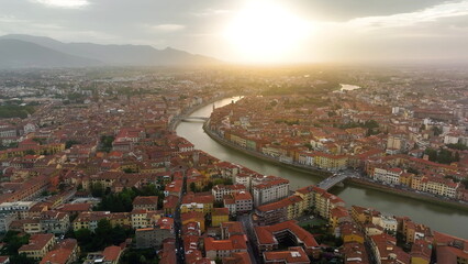 Aerial view of Pisa, Italy skyline on the Arno River - 682437507